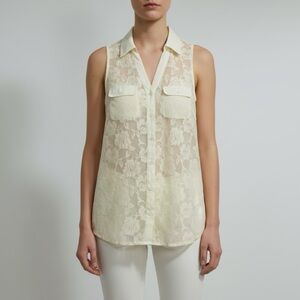 Guess Cream Lace Button-Up Blouse Sleeveless Blouse‎ Floral Lace size Small